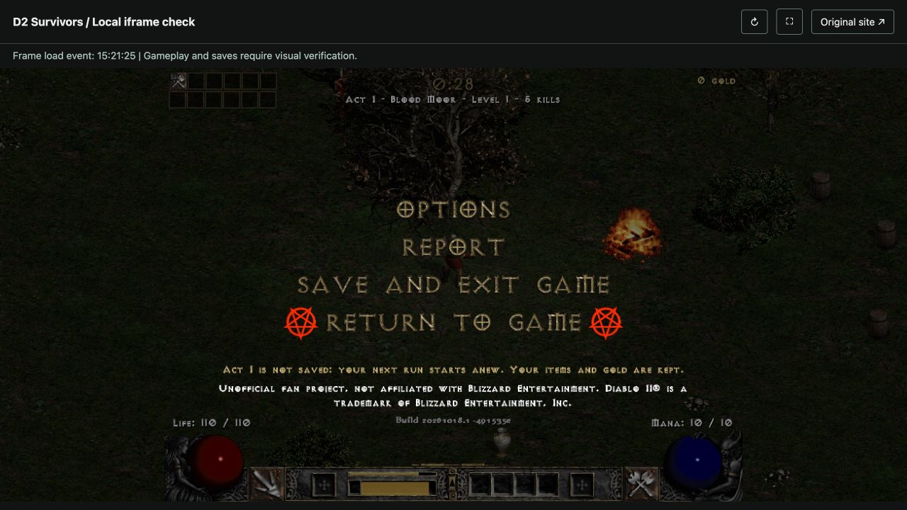 D2 Survivors combat and pause menu inside the local iframe test